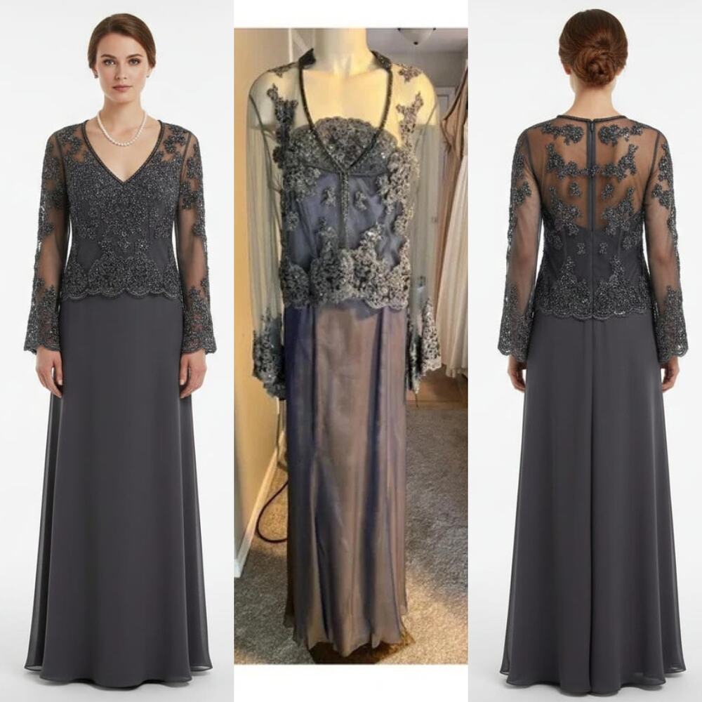 Embroidered Mesh Long Dress - Gray